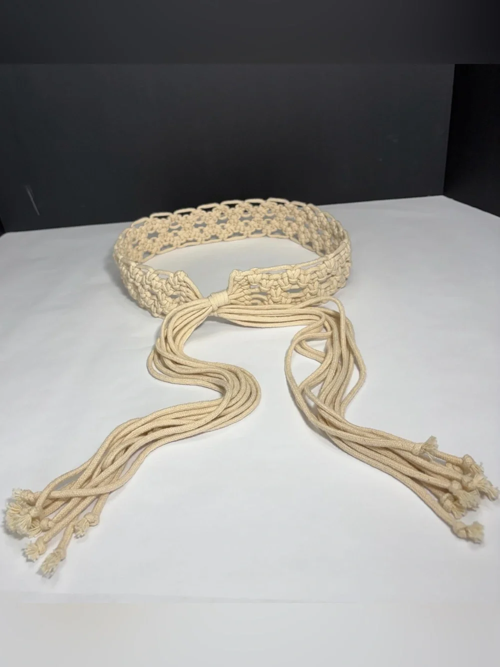 Vintage Macrame Tie Belt Cream Off White Cotton Woven Tassel Fringe Boho 70s